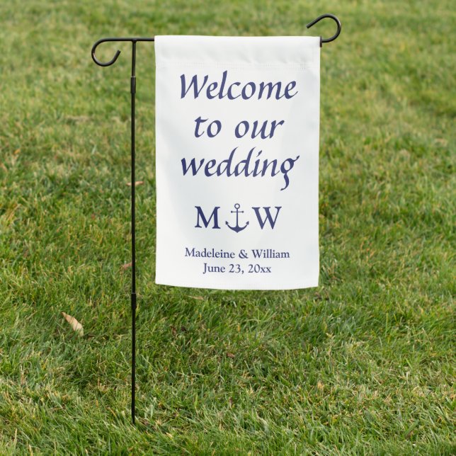 Nautical anchor navy blue white monogram wedding garden flag (In SItu)