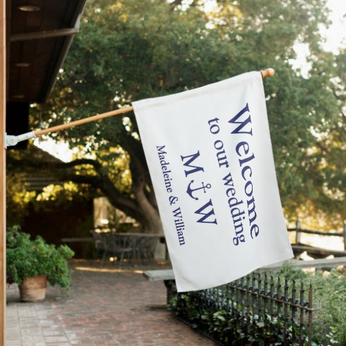 Nautical anchor navy blue white Monogram Wedding House Flag