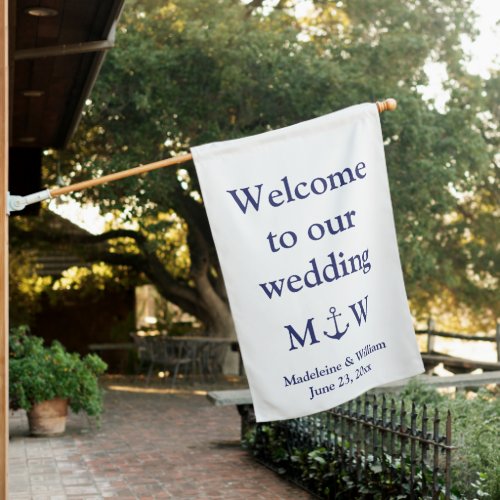 Nautical anchor navy blue white monogram wedding house flag