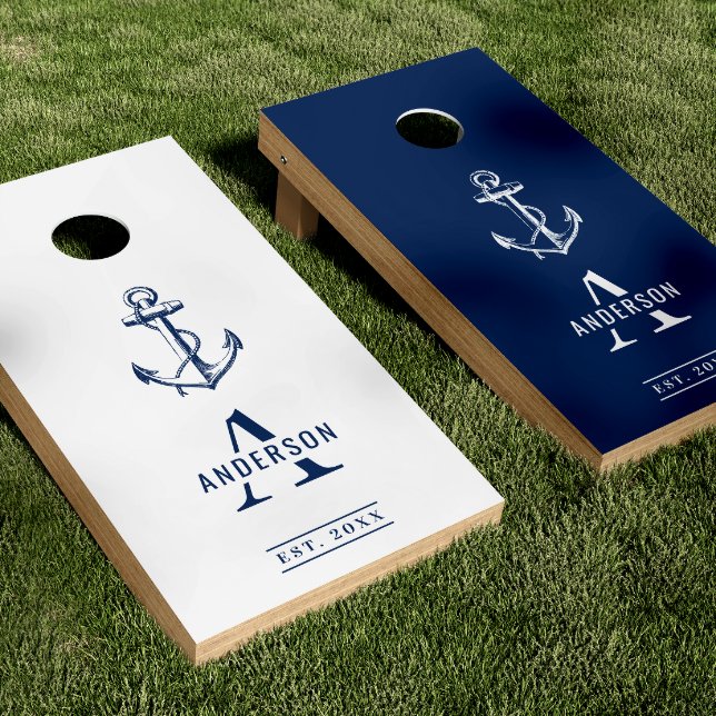 Nautical Anchor Navy Blue & White Name & Monogram Cornhole Set (Creator Uploaded)