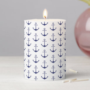Nautical anchor navy blue & white pattern coastal pillar candle