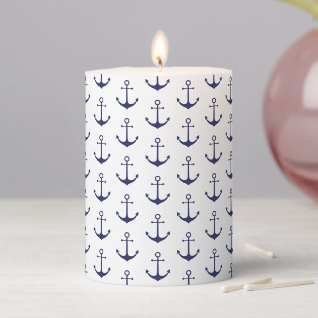 Nautical anchor navy blue & white pattern coastal pillar candle (In Situ)