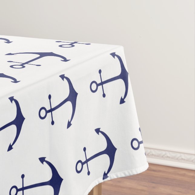 Nautical anchor navy blue white pattern modern tablecloth (In Situ)