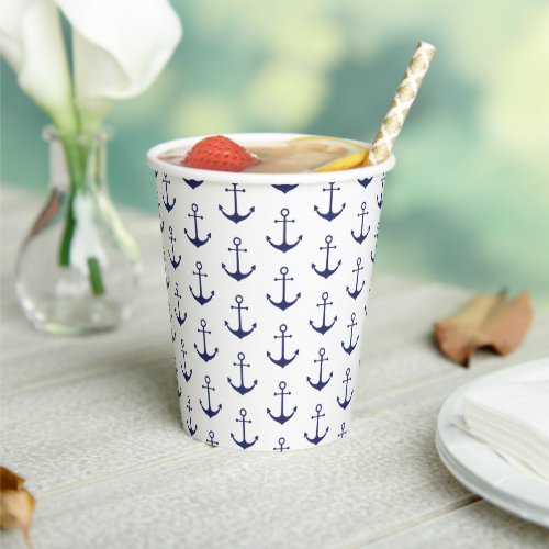Nautical anchor navy blue white pattern paper cups