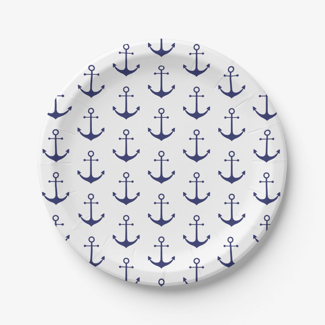 Nautical anchor navy blue white pattern party paper plates | Zazzle