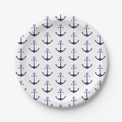 Nautical anchor navy blue white pattern party paper plates