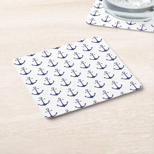 Nautical anchor navy blue white pattern party square paper coaster (Angled)