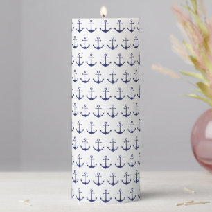 Nautical anchor navy blue white pattern seaside pillar candle