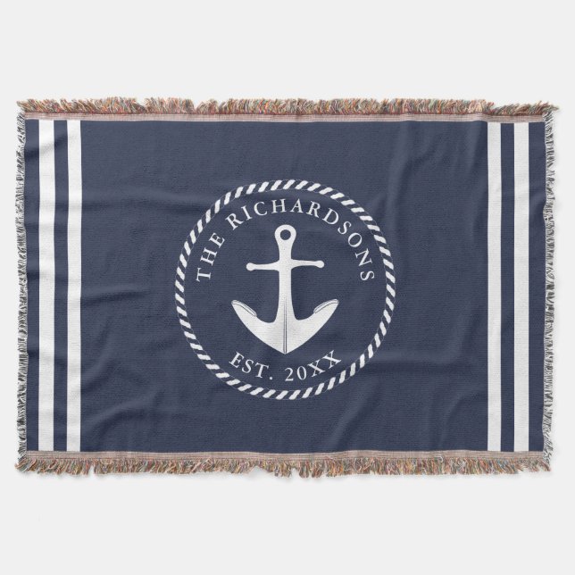 Nautical Anchor Navy Blue & White Personalized Throw Blanket (Front)