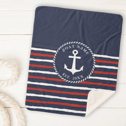 Nautical Anchor Navy Blue White Red Boat Name Sherpa Blanket