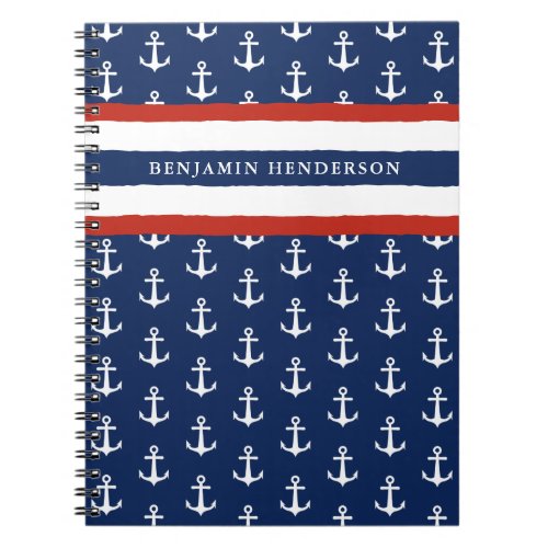 Nautical Anchor Navy Blue White Red Custom Name Notebook