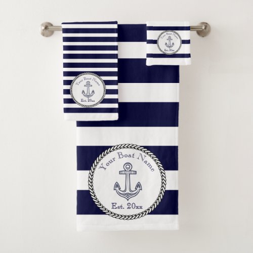 Nautical Anchor Navy Blue White Red stripes  Bath  Bath Towel Set