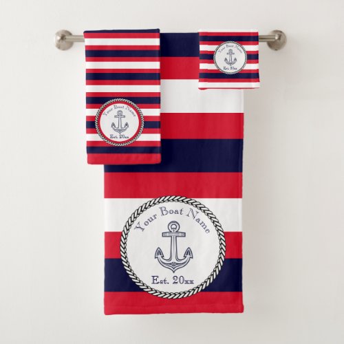 Nautical Anchor Navy Blue White Red stripes  Bath  Bath Towel Set