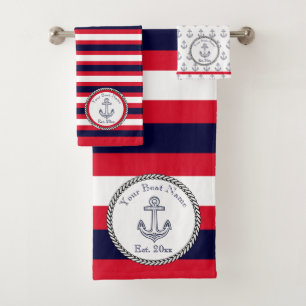 Nautical Anchor Navy Blue White Red stripes Bath Towel Set