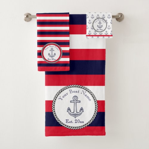 Nautical Anchor Navy Blue White Red stripes  Bath Towel Set