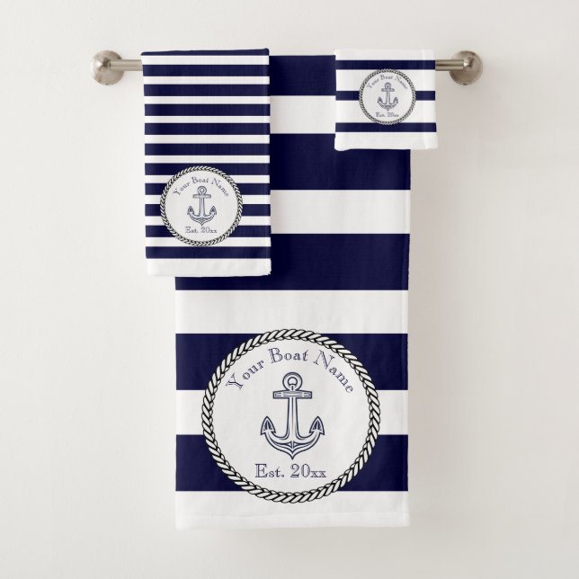 Nautical Anchor Navy Blue White Red stripes  Bath  Towel Set (Insitu)