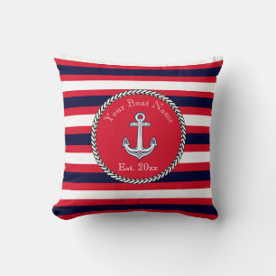 Nautical Anchor Navy Blue White Red stripes Throw  Pillow