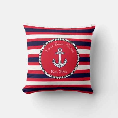 Nautical Anchor Navy Blue White Red stripes Throw  Throw Pillow