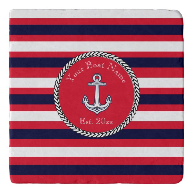 Nautical Anchor Navy Blue White Red stripes Throw  Trivet (Front)