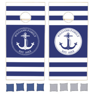 Nautical Anchor Navy Blue White Stripe Family Name Cornhole Set