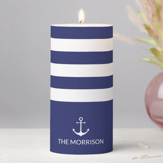 Nautical anchor navy blue white striped custom pillar candle (In Situ)