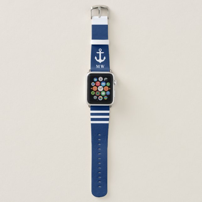 Nautical Anchor Navy Blue White Striped Monogram Apple Watch Band (Front)