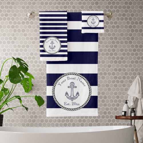 Nautical Anchor Navy Blue White stripes  Bath  Bat Bath Towel Set