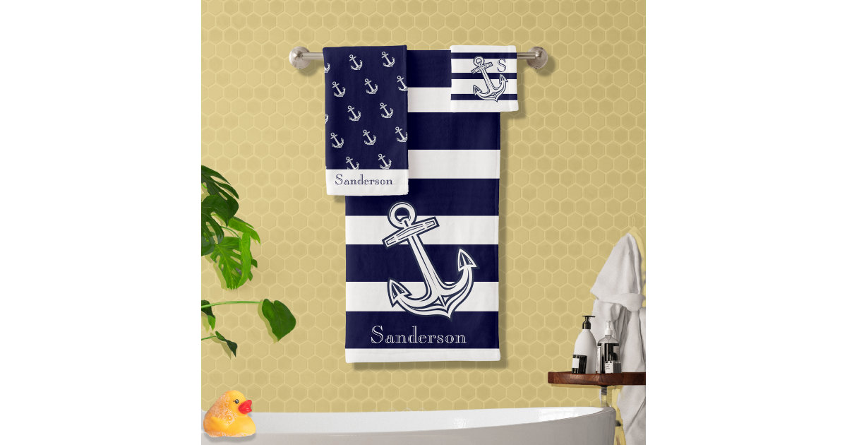 Modern Nautical Anchor Bathroom Navy blue white Bath Towel Set, Zazzle