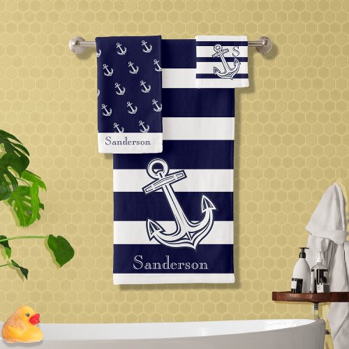 Nautical Anchor Navy Blue White  stripes   Bath To Bath Towel Set