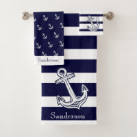 Custom Nautical Anchor Bathroom Navy Blue Coral Bath Towel Set