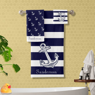Nautical Anchor Navy Blue White  stripes   Bath To Towel Set
