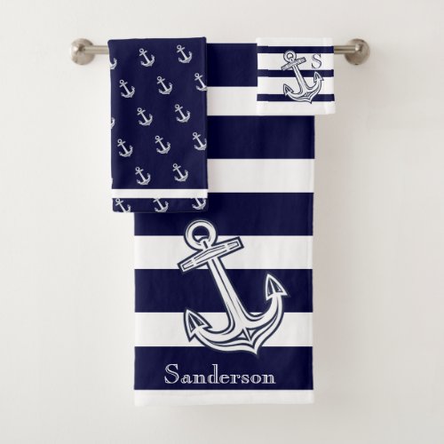 Nautical Anchor Navy Blue White  stripes   Bath Towel Set