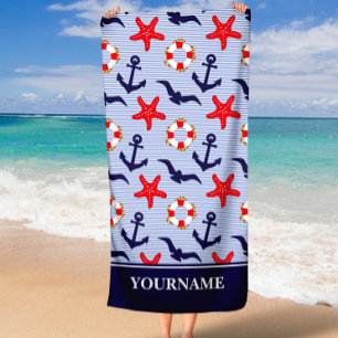 Nautical Anchor Navy Blue White Stripes  Beach Towel