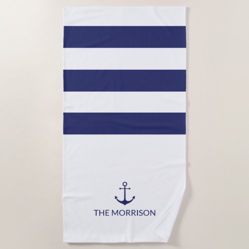 Nautical anchor navy blue white stripes Boat Name  Beach Towel