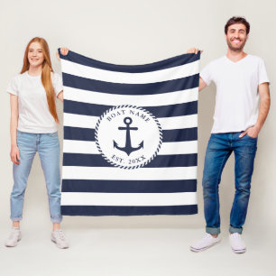 Nautical Anchor Navy Blue White Stripes Boat Name Fleece Blanket