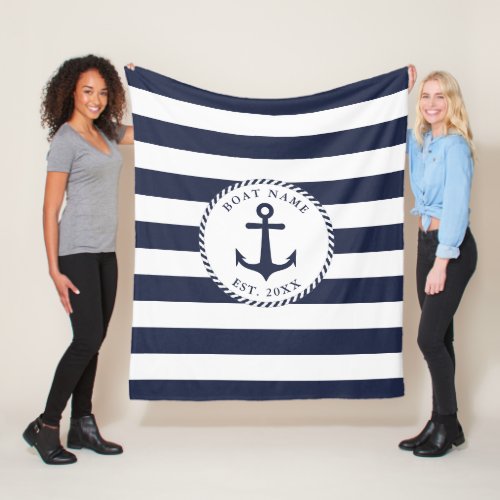 Nautical Anchor Navy Blue White Stripes Boat Name Fleece Blanket