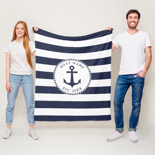 Nautical Anchor Navy Blue White Stripes Boat Name Fleece Blanket (In Situ)