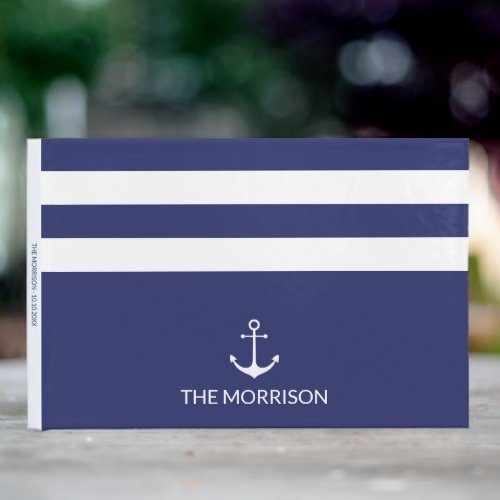 Nautical anchor navy blue white Stripes Boat Name Guest Book