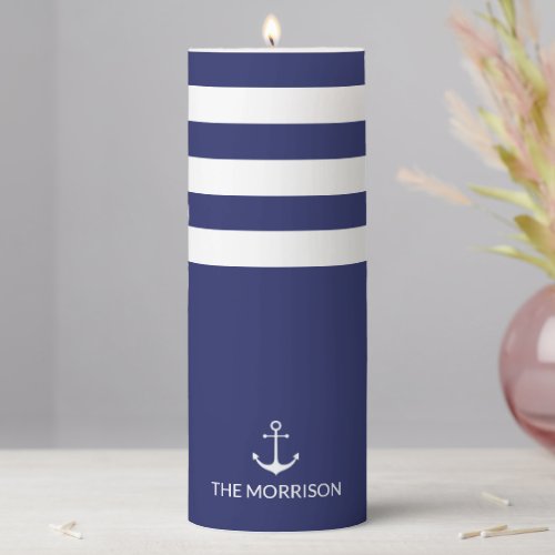 Nautical anchor navy blue white stripes custom pillar candle