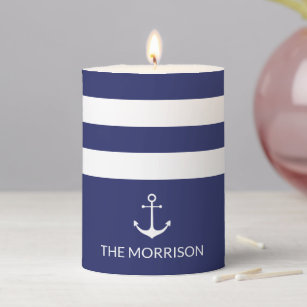 Nautical anchor navy blue & white stripes custom pillar candle