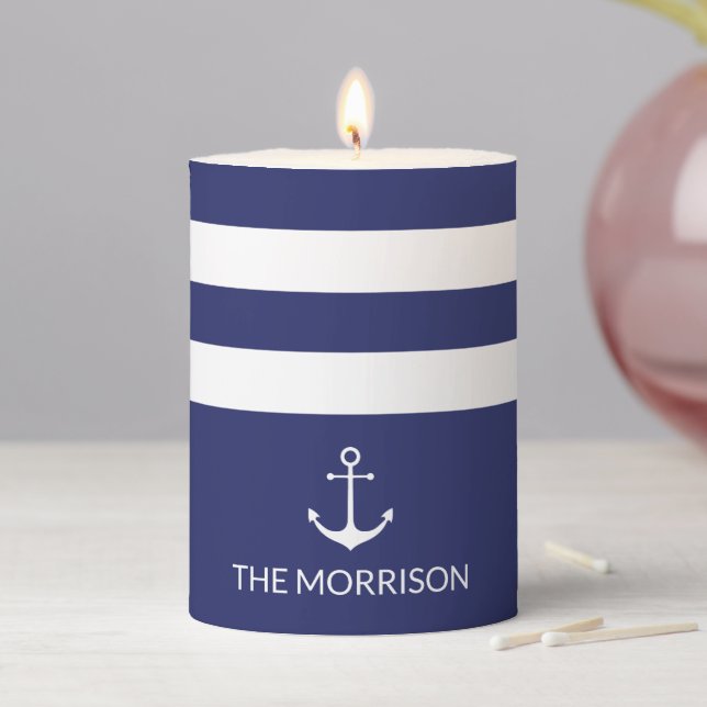 Nautical anchor navy blue & white stripes custom pillar candle (In Situ)