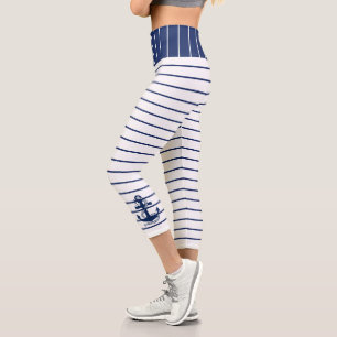 Nautical Anchor Navy Blue White Stripes Pattern Capri Leggings