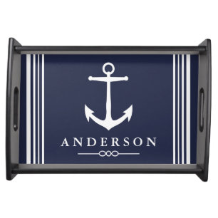 Nautical Anchor Navy Blue & White Stripes Serving Tray