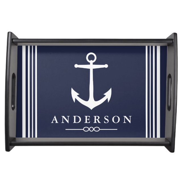 Nautical Anchor Navy Blue & White Stripes Serving Tray (Front)