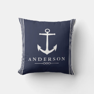 Nautical Anchor Navy Blue & White Stripes Throw Pillow
