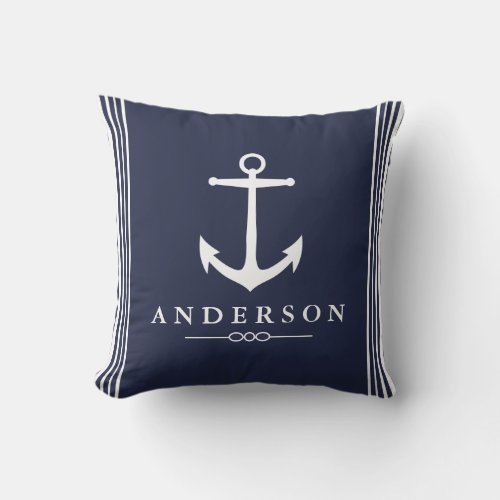 Nautical Anchor Navy Blue  White Stripes Throw Pillow