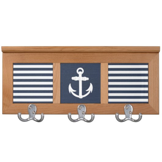 Nautical Anchor Navy Blue/White Wall Mounted Coat Rack (Front)
