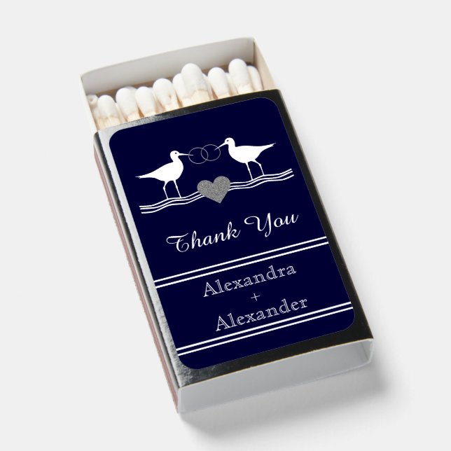 Nautical Anchor Navy Blue White Wedding Matchboxes (Front Open)