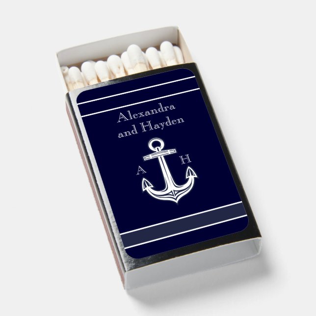 Nautical Anchor Navy Blue White Wedding Matchboxes (Front Open)