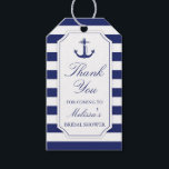 Nautical Anchor Navy Bridal Shower Thank You Gift Tags<br><div class="desc">The perfect touch to your nautical themed gifts for your the bridal shower guests is this thank you tag. It features a detailed navy blue anchor with rope and a blue and white striped background. Personalize with the name of the bride to be.</div>